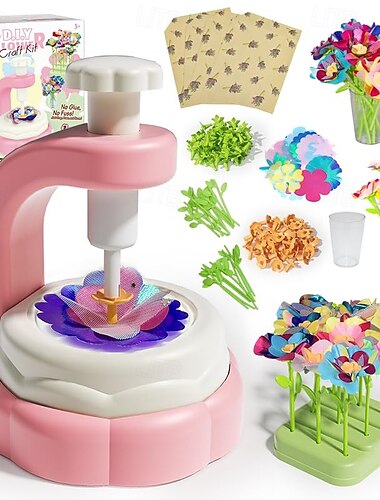  DIY-stoff blomsterbukettsett – barnekunst &hobbysett med pregemaskin, 28 blomster, vase &base – kreativ førskoleaktivitetsgave til jenter og gutter