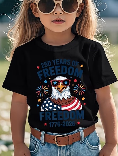  100% Baumwolle Kinder Mädchen Schwarz Grafik Adler 250-jähriges Jubiläum Amerikanische US-Flagge für Kinder T-Shirt Rundhalsausschnitt Kurzarm Täglich Streetwear Aktiv Urlaub Lässig Drucken Sommer