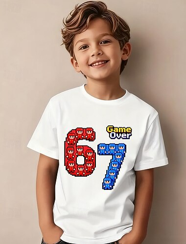  Katoen Kinderen Jongens Zwart Wit Grafisch Tekenfilm Grappige Slang 67 T-shirt Blouse Strakke ronde hals Korte mouw Buiten Dagelijks gebruik Modieus Streetwear Ontwerper Opdrukken Zomer