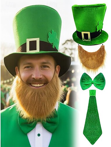  set di accessori per costume da folletto di San Patrizio da uomo, materiale in poliestere, cappello a cilindro verde con fibbia, barba finta, papillon e cravatta, feste e celebrazioni festive
