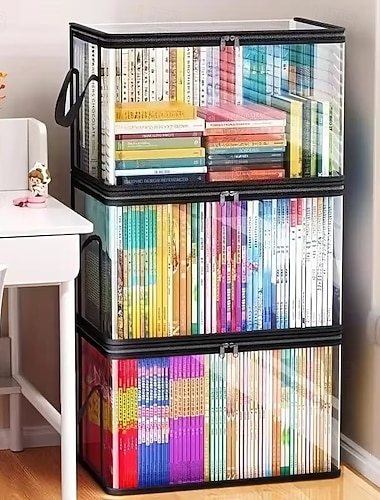  Lot de 2/3/4 boîtes de rangement transparentes et robustes avec couvercle à charnière - grands bacs de rangement rectangulaires, empilables et peu encombrants, parfaits pour les livres, les vêtements,