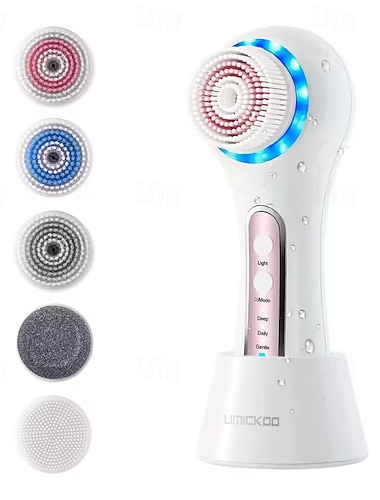  Valentinstag Muttertag Geschenke Wiederaufladbare Gesichts-Peelingbürste mit 5 austauschbaren Bürstenköpfen und 3 Modi (sanft/tief/täglich) USB-Ladung mit Standfuß ideal