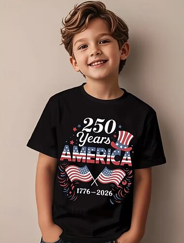  100% Cotone Bambini Ragazzi Nero Grafico Bandiera USA 250° anniversario Maglietta Blusa Girocollo Manica Corta All'aperto Abbigliamento Quotidiano Moda Streetwear Designer Stampa Tutte le stagioni