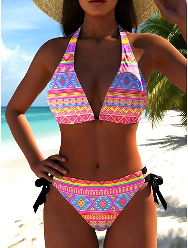  Dames Bikini 2-delig Badpak Boho Cheeky Slank Rugloos Vakantie Vintage Geometrisch V-Hals Mouwloos Zwemkleding