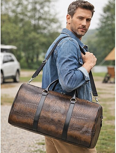  Heren weekendtas van imitatieleer met krokodillenprint, verstelbare schouderband, grote inhoud, waterdicht - perfect voor weekendtrips en korte zakenreizen.