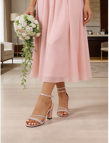  Dámské růžové sandály s kamínky a páskem na kotníku na blokovém podpatku, elegantní minimalistické boty pro družičky, společenské podpatky s otevřenou špičkou, pohodlná svatební obuv pro družičky v