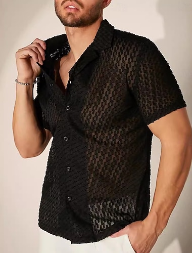  Herren Hemd Freizeithemd Knopfhemd Schwarz Kurzarm Einfach Kubanisches Halsband Lässig Täglich Jacquard Bekleidung Polyester Elegant Mode Lässig