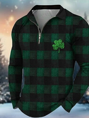  St. Patrick Heren Shamrock Polo Lange Mouwen Opendown Modern Casual Athleisure Casual Dagelijks Festival Rits 3D Print Lente Herfst Zwart Wit Groen