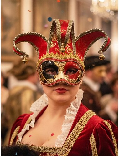  Kvinners barokk narresvenn venetiansk maskerade maske - Rød og gull fløyel karneval kostyme tilbehør Venezia festival Mardi Gras og maskerade fester
