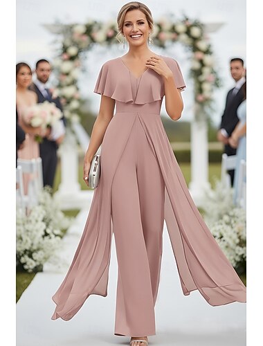  Haalarit Kokopitkä Morsiammen äidin asu Lyhythihainen V kaula-aukko Tyylikäs Yksinkertainen Häävieras Kihlajaisjuhla Sifonki kanssa Röyhelöity Sivudrapeerattu