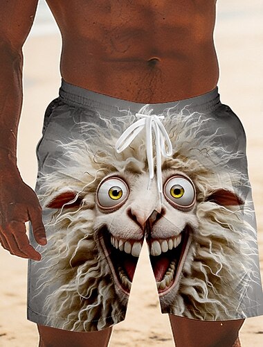  Męskie Kreskówki Owca Uśmiechnięta twarz Bokserki kąpielowe Szorty kąpielowe Spodenki surfingowe Średni Talia Zabawny Hawajskie wakacje na plaży Boczne kieszenie Podszewka z siatki Elastyczny pas