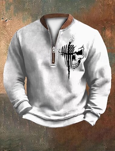  Voor heren Sweatshirt Sweatshirt met kwartrits Zwart Wit Rood Marineblauw Grijs Halve rits Kleurenblok Doodskoppen Amerikaanse vlag Halve rits Afdrukken Dagelijks Sport & Outdoor Feestdagen Polyester