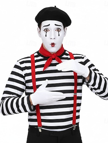  Costume élégant Artiste Mime Clown mime Cirque Déguisement Cosplay Rayé Adulte Couple Homme Femmes Halloween Carnaval Soirée Performance Vêtements de Maison Se déguiser