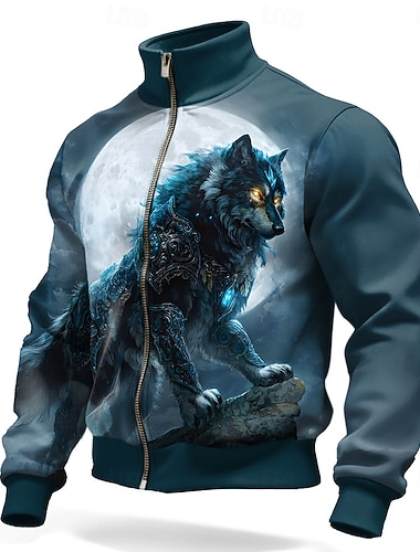  Herren Wolf 3D-Druck Jacke Pullover Cool Täglich Fantasie Taktisch Stehkragen Outdoor Streetwear Party Blau Blau 3# Blau 2# Reißverschluss Frühling Herbst Designer S M L XL XXL XXXL
