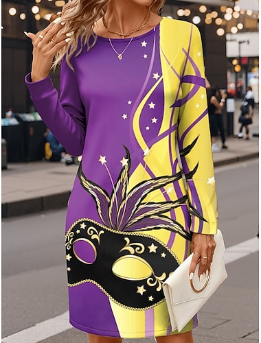  Carnaval Dames Mini Jurk Sheath Jurk Vakantie Casual Vakantie Reguliere Pasvorm Grafisch Lange Mouw Crew Neck Geel Groen Herfst Winter