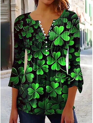  Blůza dámská svátek svatého Patrika s grafikou shamrock rostliny elegantní stylová klasická 3/4 rukáv výstřih do V běžné topy denní na ven volánky knoflíky černá zelená léto jaro podzim