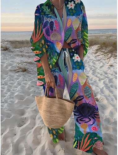  Dame Skjorte Linsett i bomull Todelt sett Linbukser Bukser Langermet Skjortekrage Fargeblokk Lapper Mote Gatemote Dagligdagstøy Stevnemøte Rosa Mørk Rosa Basseng Vår Normal