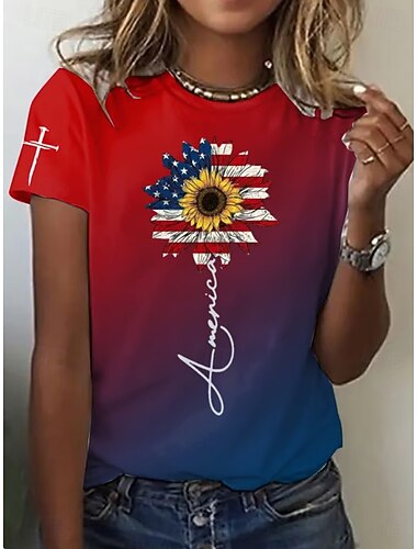  Onafhankelijkheidsdag Patriottische Dames T-shirt Grafische Vlag Vintage Stijlvol Klassiek Korte Mouw Crew Neck Reguliere Tops Dagelijks Weekend Print Blauw Rood Zomer Lente