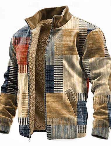  Herren Geometrisch Karomuster Fleece Jacke Pullover Mode Täglich Einfach Lässig Stehkragen Reißverschluss Outdoor Urlaub Geschenk Ausgehen Blau Braun Grün Grau Tasche Reißverschluss vorne Herbst