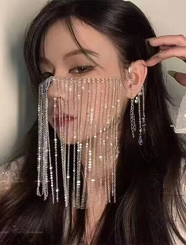  Samba Accessories Glamoureuze Zilver Tinten Volledige Gezicht Ketting Masker - Sprankelende Tassel Luifel Mardi Gras Rave Feest Performance Kostuum