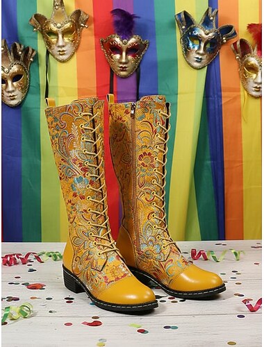 Dames Mardi Gras Gele Geborduurde Veterschoenen voor Festivals – Kleurrijke Veterschoenen tot de Knie voor Carnavals Parades en Feestelijke Vieringen