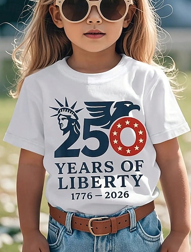  100% Baumwolle Kinder Mädchen Schwarz Weiß Grafik Freiheitsstatue 250-jähriges Jubiläum Amerikanische US-Flagge für Kinder T-Shirt Rundhalsausschnitt Kurzarm Urlaub Sport & Outdoor Alltagskleidung