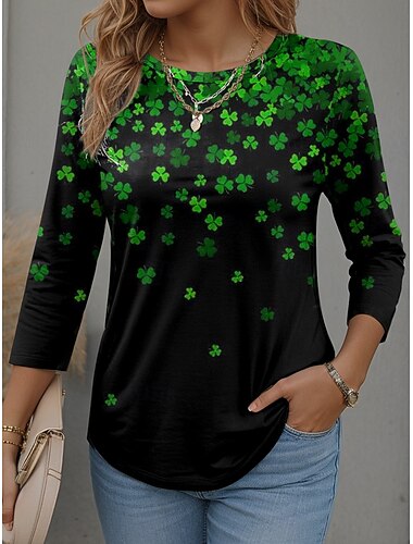  St. Patricks dag kvinne T-skjorte grafisk kløver mote stilig moderne langermet rund hals vanlige topper daglig helge trykk hvit grønn vår vinter