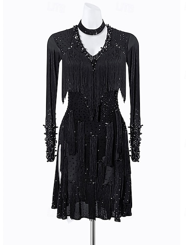  Robe de danse latine noire à franges et perles pour femme - costume de bal asymétrique à manches longues et col ras du cou