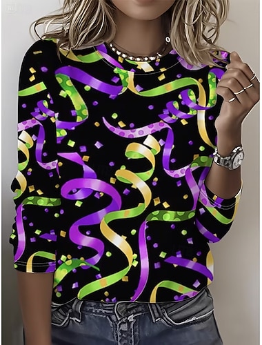  Carnaval Dames T Shirt Grafisch Mode Casual Lange Mouw Crew Neck Ronde Hals Reguliere Tops Dagelijks Weekend Print Paars Zomer Lente Herfst