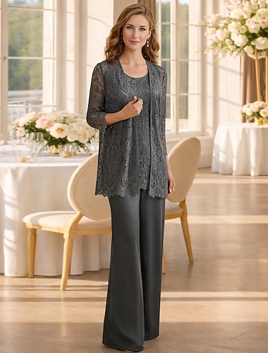  Broek 3-delig pak Tot de grond Moeder van de bruid jurk Mouwloos Met sieraad Elegant Grote maten Wrap inbegrepen Formeel Bruiloft gast Bruiloft Chiffon Kant met Effen kleur