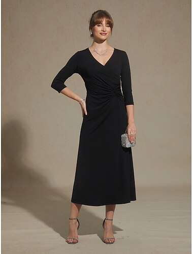  Femmes Robe maxi Robe trapèze Élégant Quotidien robe demoiselle d honneur Fête du thé Couleur Unie Manche 3/4 Col en V Noir