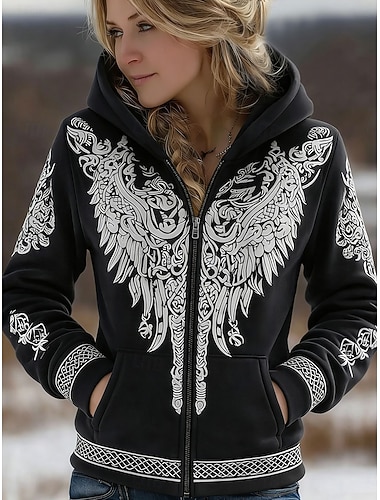  Dame Hettegensere med glidelås Glidelås Lomme Trykt mønster Grafisk Geometrisk Mote Vestlig Fritid Langermet Med hette Vanlige topper Avslappet Gate Hverdag Svart Vin Grønn Høst Vinter