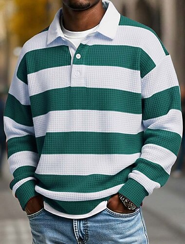  Herre Horisontale strimler Vaffel poloskjorter Rugby Polo Rugby polo skjorter Langærmet Polo skjorter Knaphul Sportstøj Afslappet Skole atletiktøj Dagligdagstøj 3D-udskrivning Forår Efterår Vinter