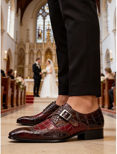  Chaussures pour homme en cuir de crocodile bordeaux – modèle luxueux à boucle avec finition brillante, idéales pour les événements formels, le bureau, les soirées et les mariages.