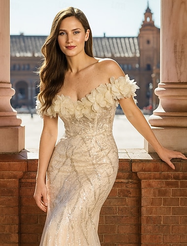  בתולת ים  חצוצרה עד הריצפה שמלה רשמית שמלת ערב שמלות Quinceanera אלגנטית מסיבה ללא שרוולים סירה מתחת לכתפיים מסיבת ערב חתונה עם פרח רקום