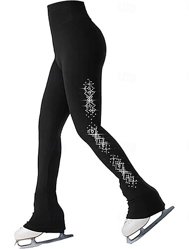  Kunstschaatsbroek voor dames en meisjes, zwarte, elastische trainingsbroek voor wedstrijden, thermisch warm, met kristallen/strasssteentjes voor kunstschaatsen.