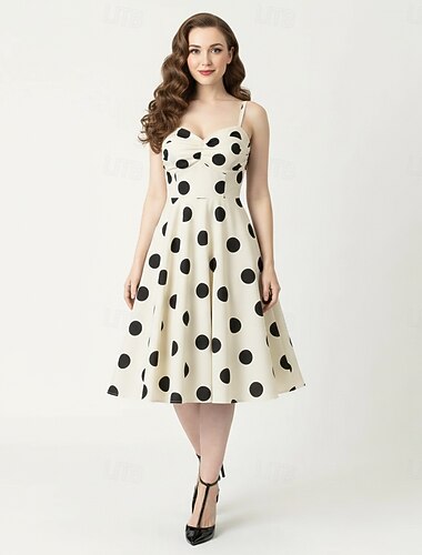  Rockabilly Middag En linje kjole Spaghetti Snorer Polkadotter Trang og vid passform Kostyme Dame Karneval Valentinsdag Avslappet Ball Retro-temafest Voksne Kjole Sommer Vår