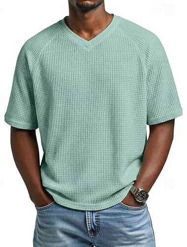  Herren Waffel T-Shirt T Shirt Kurzarmshirt T-Shirt Kurzarm V Ausschnitt Sommer Frühling Einfarbig Vintage Streetwear Stilvoll Raglanärmel Täglich Outdoor Urlaub Dunkelgrau Blau Purpur Top T-Shirt für