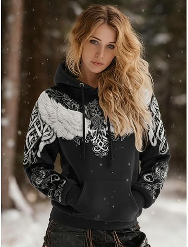  Dame Pullover hettegenser-genser Lapper Trykt mønster Lomme foran Grafisk Geometrisk Stamme Årgang Fritid Bohem Langermet Med hette Vanlige topper Gate Hverdag Svart Hvit Vinter