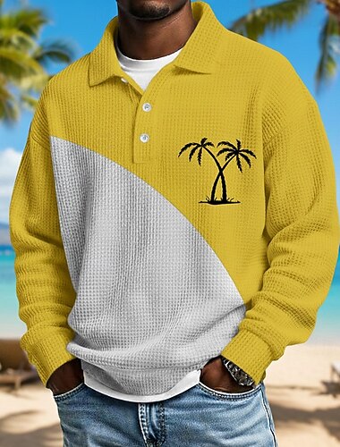  בגדי ריקוד גברים עץ דקל חולצות פולו וופל שרוול ארוך חולצות פולו דש הוואי בגדי ספורט ומנוחה לבוש יומיומי בגדי נופש הדפסת תלת מימד אביב סתיו חורף פול צהוב סגול