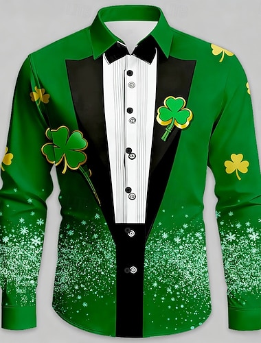  St. Patrick's Day Herren Kleeblatt Faux Kragen und Anzug Design Hemd Button Up Hemd Langarm Fashion Casual Party Urlaub Frühling Herbst Turndown 3D Druck Kragen Hemden Gelb Lila Orange Grün