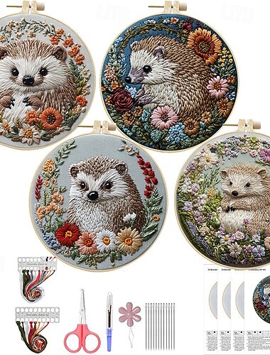  初心者向けの刺繍キット、大人向けのかわいいハリネズミの刺繍パターンキット（フープ付き）、わかりやすい縫い糸の針仕事