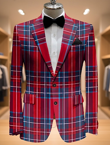  Voor heren Ruitjes Blazerjack Jas Modieus Comfortabel Ademend Artistiek Casual Dagelijks Feestavondkleding Causaal Zak 3D-afdrukken Knop Alle seizoenen Inkeping Lange mouw Rood Bruin