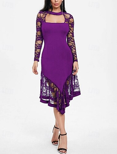  Damskie Sukienka midi Czarna sukienka Koronkowa sukienka Sukienka na studniówkę Sukienka na imprezę Elegancja Moda Nowoczesny Wieczorna impreza Impreza Specjalne okazje Regularny Równina Długi rękaw