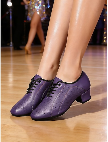  Professionella ballroomdansskor för dam - lila snörskor med perforerade läderklackar och stabil blockklack för latin, tango och salsa &dansträning