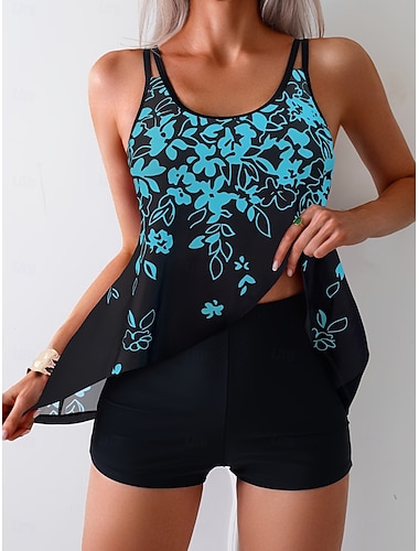  Tankini Femme 2 Pièces Maillot de Bain Taille Haute Contrôle du Ventre Slim Dos Nu Vacances Plage Florale Col U Sans Manches