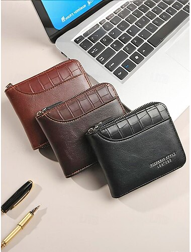  Portemonnee met ritssluiting voor heren van imitatieleer, verkrijgbaar in diverse kleuren, compact ontwerp met ruimte voor pasjes en contant geld, stijlvol en praktisch voor dagelijks gebruik.