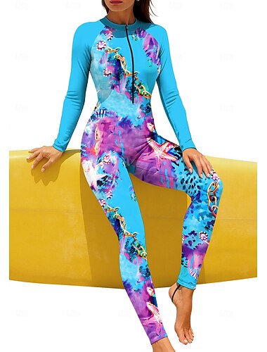  Mujer Regular Camiseta Protección Solar Surf Camiseta de protección solar de cuerpo completo Traje de baño Leopardo Oceano con sujetador incorporado Cremallera delantera Protección solar UV Cobertura