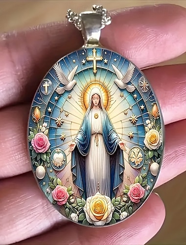  Jomfru Maria katolsk anhengskjede, religiøs kristen medalje med duer, kors og roser, åndelig smykkegave til kvinner
