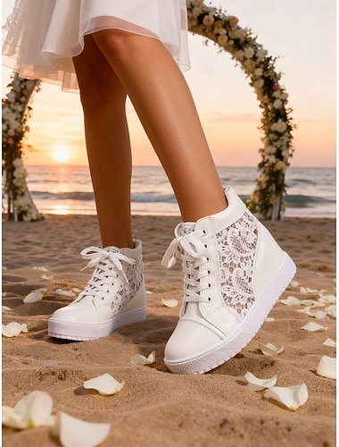  Hvite blonde høye brudesneakers med skjult kile, komfortable brudesko for bruder, perfekte for strandseremonier &bryllupsreiseklær ved sjøen